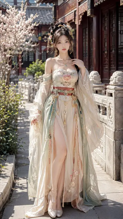 18-year-old Chinese Internet celebrity beauty Tang Feng wears shoulder-less slit Hanfu
