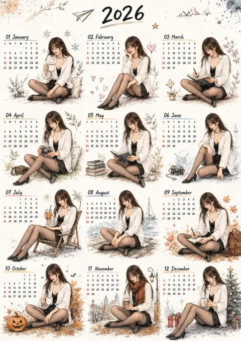 2026 hand-painted watercolor healing year-round calendar poster