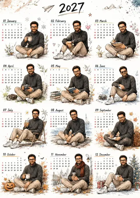 2027 Korean hand-painted texture male protagonist calendar illustration poster