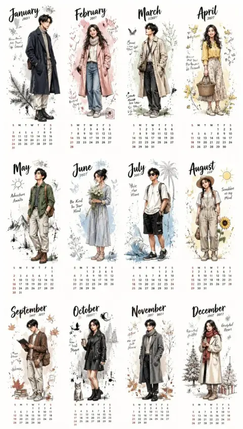 2027 Korean hand-painted illustration style desktop calendar