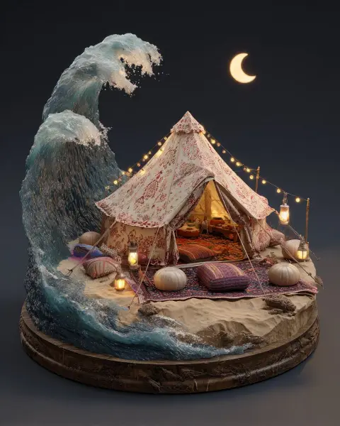 3D Aesthetic Diorama Scene: Fantasy Tent & Ocean Wave