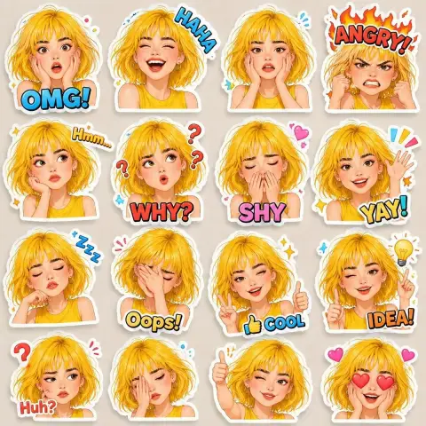 3D cartoon girl expression sticker set