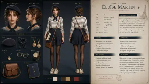 3D French female student character design drawing