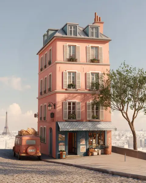 3d model of a pale red Parisian inn