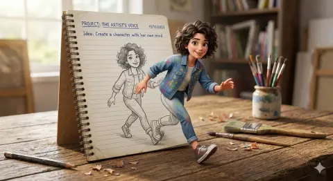 3D optical illusion painting of boy leaping out of notebook