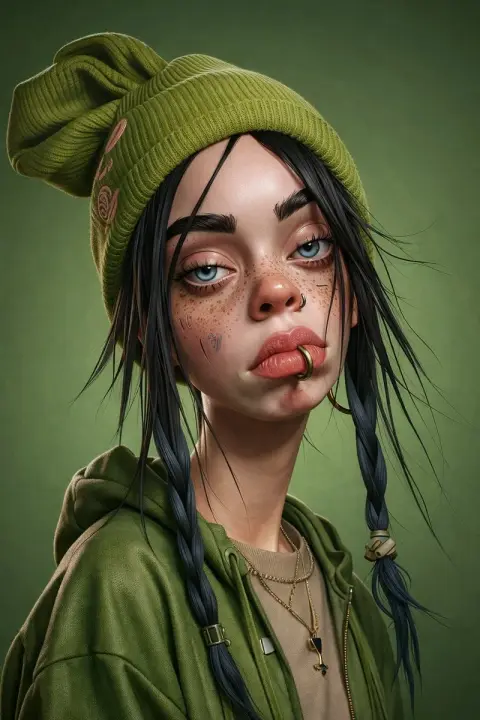 3D portrait of cool girl with green hair and freckles