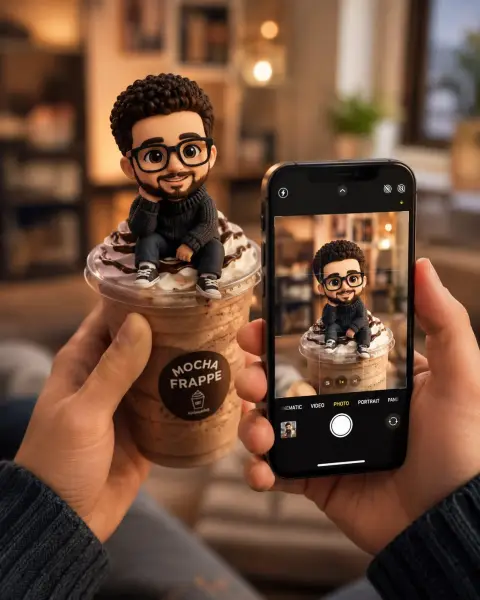 3D rendering of a boy sitting on a mocha smoothie cup
