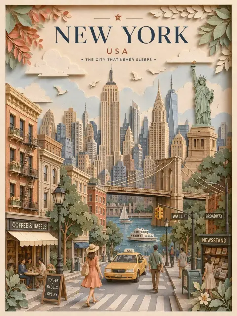 3D three-dimensional layered paper-cut style travel poster
