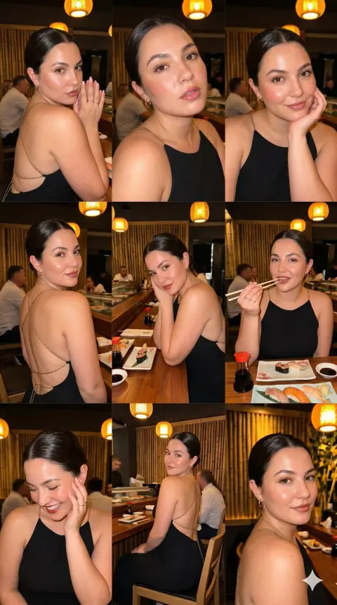 3x3 collage selfie of beautiful woman in black backless dress in luxury sushi restaurant