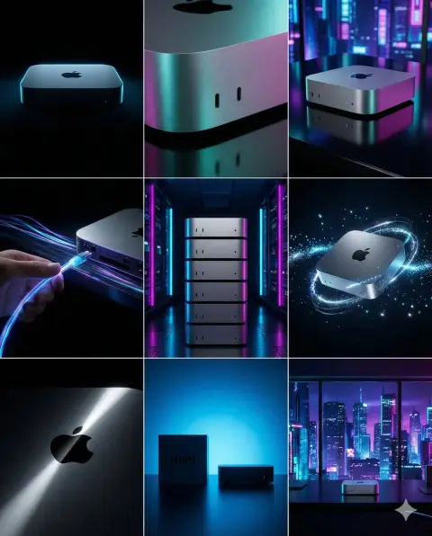 3x3 cyberpunk style Mac mini brand visual storyboard design