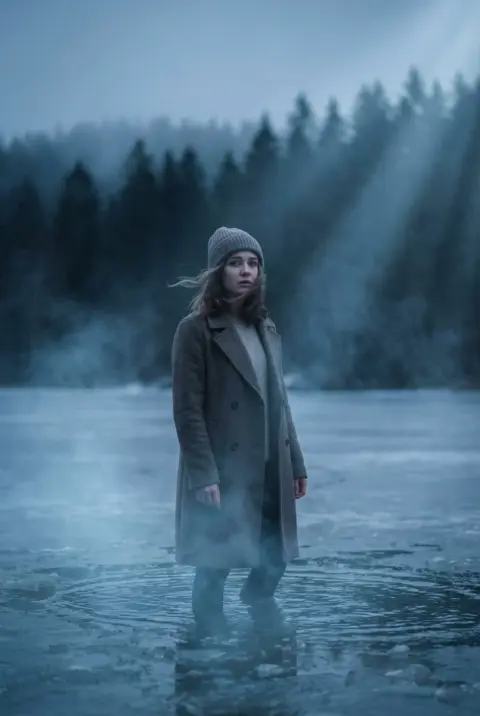 A beautiful and cinematic cold girl in the mist of the frozen lake at dusk