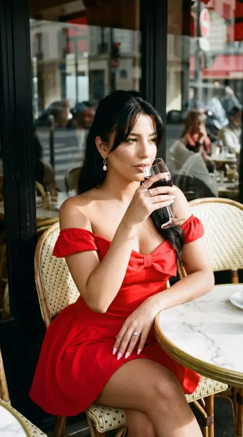 A beautiful lady in a red dress tastes wine elegantly in a Paris afternoon cafe