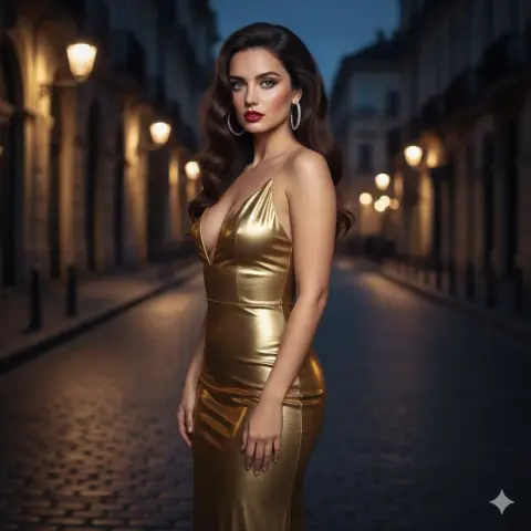 A beautiful look back at the European ancient street wearing a mercury dress at night