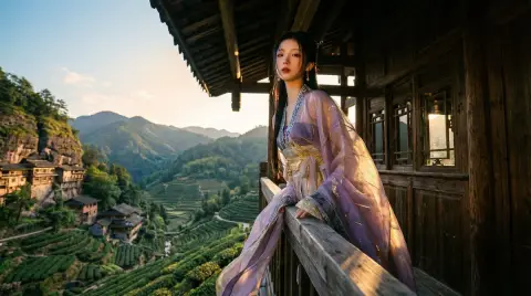 A beautiful picture of splendid mountains and rivers, ancient terraced fields and Hanfu dwellings