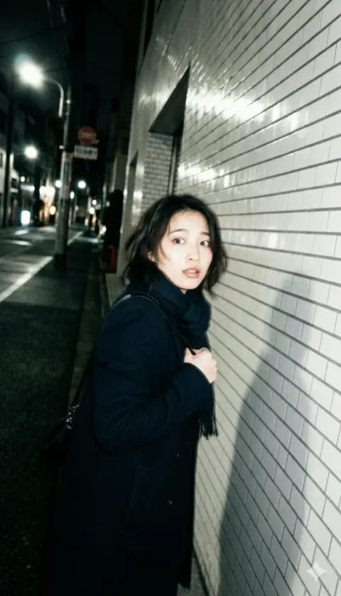 A blurry moment of looking back shyly under the flashlights in Tokyo late at night