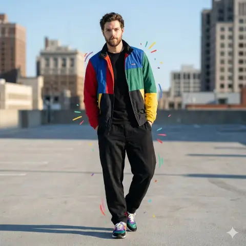 A boy’s confident street moment in a colorful geometric color-blocked jacket