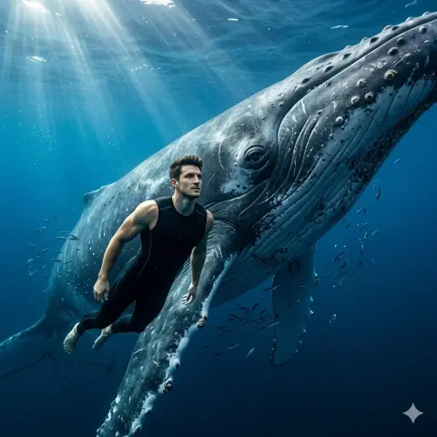 A boy swimming with a giant whale