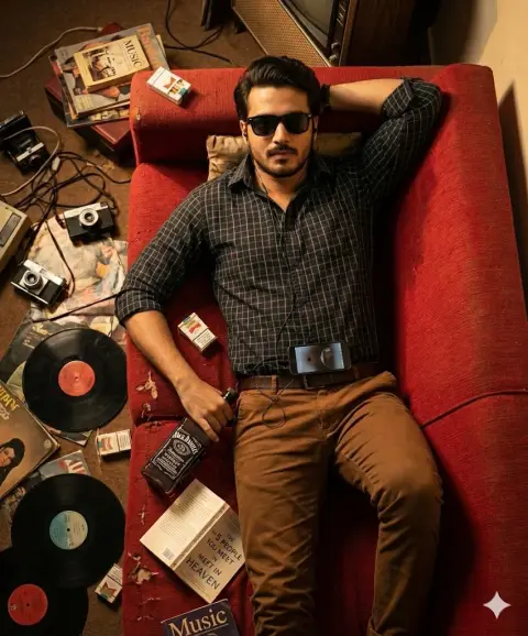 A cinematic overhead shot of a retro afternoon of vinyl and whiskey