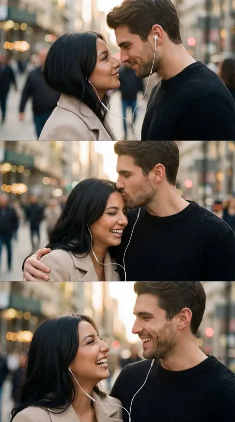 A cinematic triptych of pure love sharing headphones under golden twilight