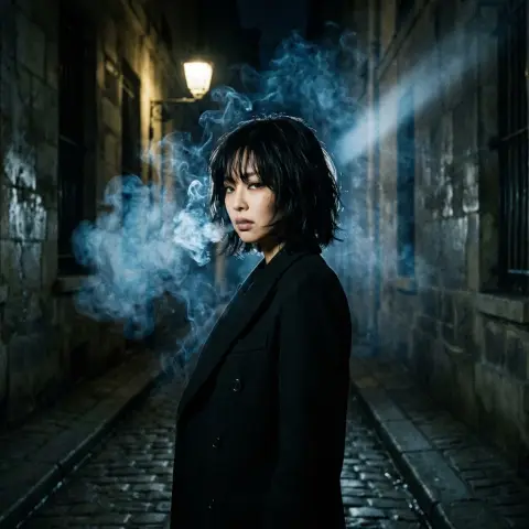 A cold and mysterious look back in the mist of the dark alley