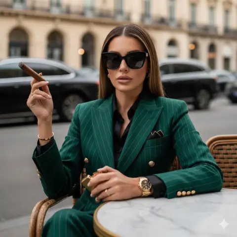 A cool and domineering queen holding a cigar on the streets of Europe