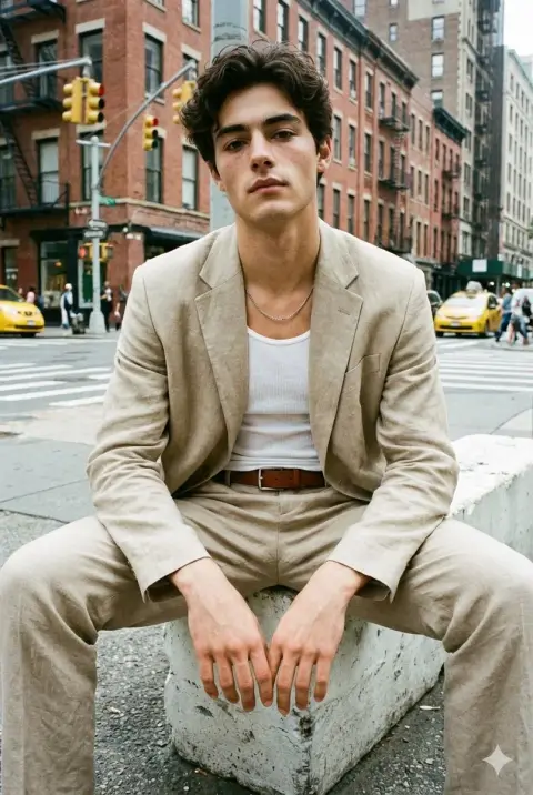 A cool business man with retro film texture on a street corner in New York