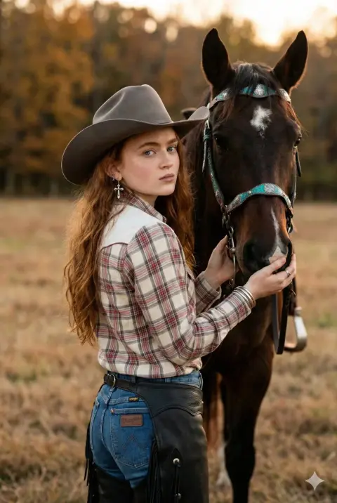 A cowboy girl cuddling affectionately with her beloved horse under the warm golden sun