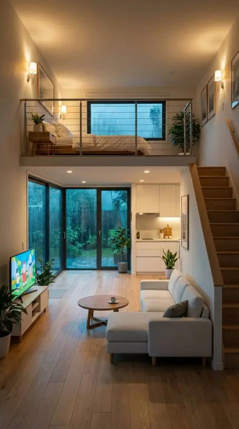 A cozy duplex glass apartment on a rainy night