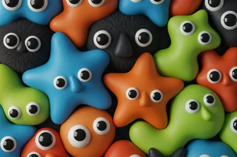 A crowded party with colorful cartoon monsters
