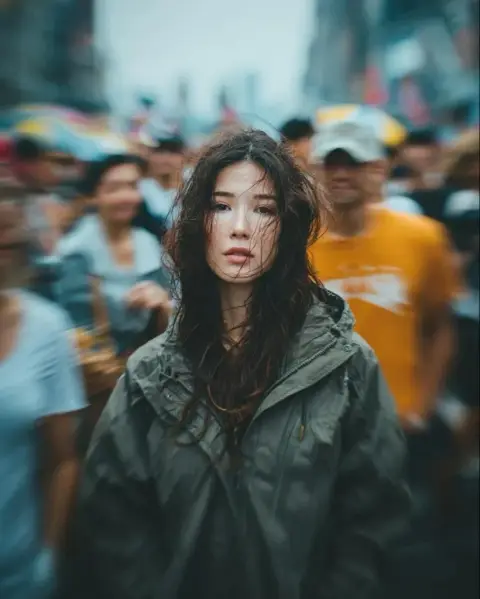 A deep gaze fixed on the chaotic street