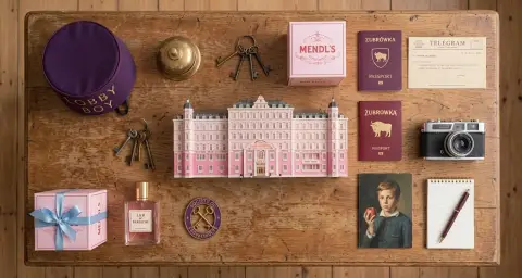 A detailed knolling of the grand hotel Budapest movie