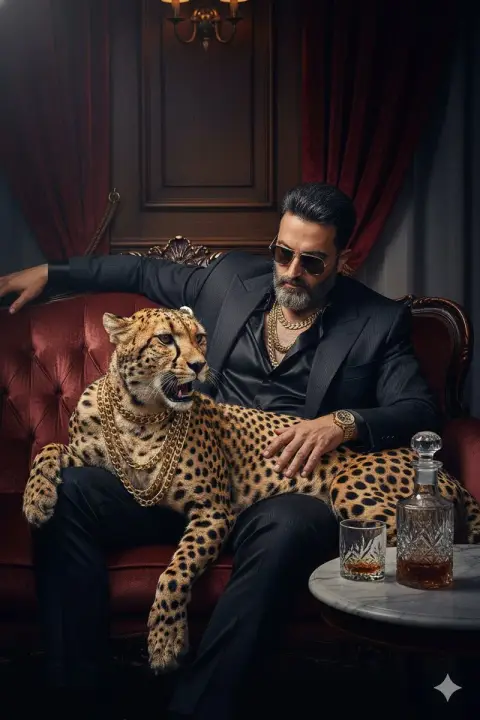 A domineering photo of a luxurious gangster holding a cheetah with a gold chain