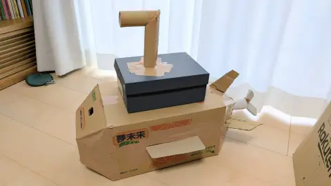 A dream submarine made from childish cardboard boxes