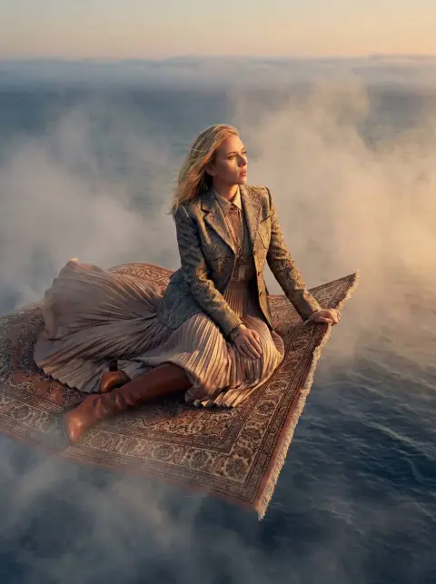 A dreamy high-fashion blockbuster of magic carpet flying over the foggy sea
