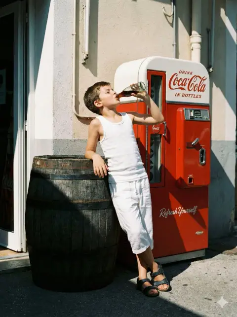 A drinking boy under the summer retro light and shadow