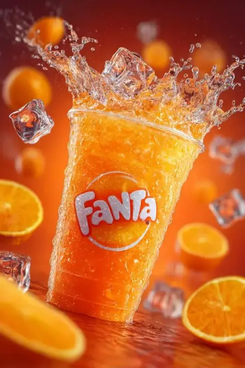 A dynamic advertising campaign featuring floating Fanta soda