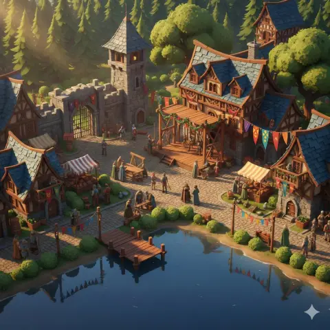 A fantasy medieval town filled with golden light