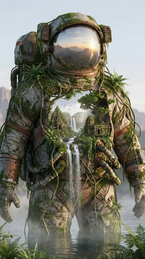 A fantasy world of waterfalls and forests hidden inside a giant abandoned space suit