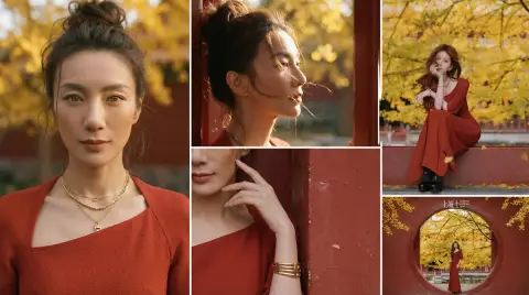A fashion blockbuster with a Chinese style film feel under the light and shadow of vermilion ginkgo