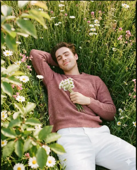 A gentle boy taking a peaceful nap immersed in a sea of ​​flowers