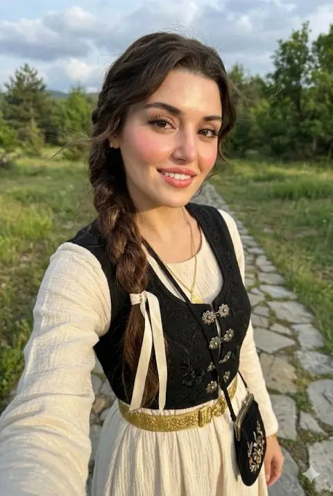 A gentle girl wearing a classical embroidered vest under the sun