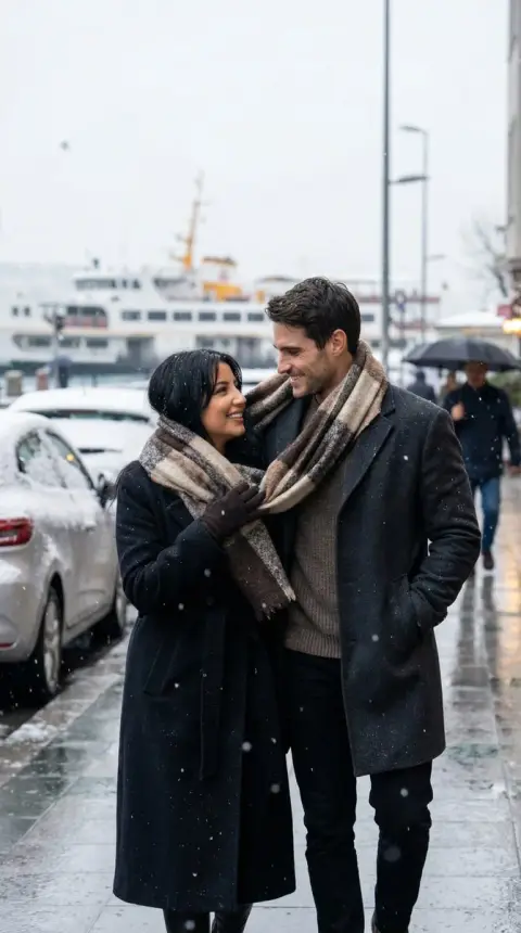 A gentle street photo of sharing a scarf on a snowy day