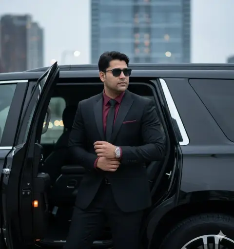 A gentleman in a suit in front of a luxurious car, a handsome man under movie-level light and shadow
