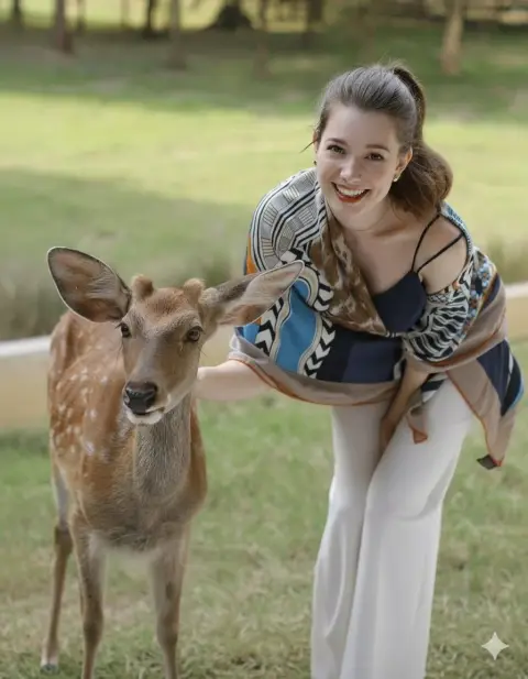 A girl caressing a smart deer under the warm summer sun