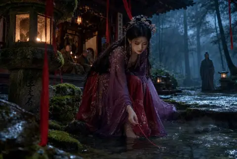 A girl in Han attire holding a red thread by the stream in the foggy ancient temple late at night