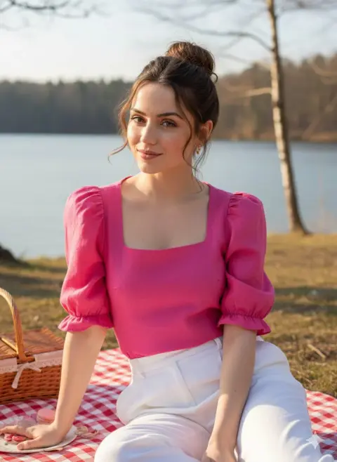 A girl in pink clothes playfully displays skin care products during a picnic by the lake in early spring