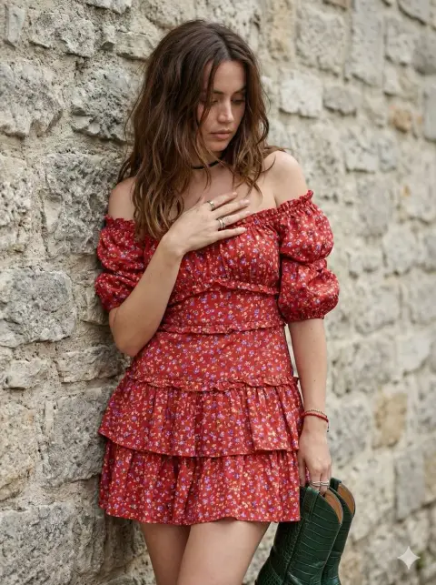 A girl in a floral red dress leans against the wall and stares at her in a lazy afternoon