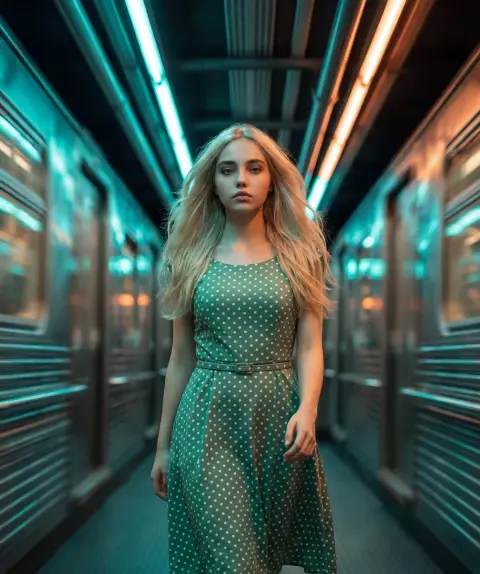 A girl in a retro green dress traveling through the neon future tunnel