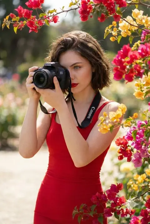 A girl in a red dress holding a phone under the blossoming branches