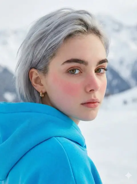 A girl looking back melancholy with slightly red cheeks in the cold wind